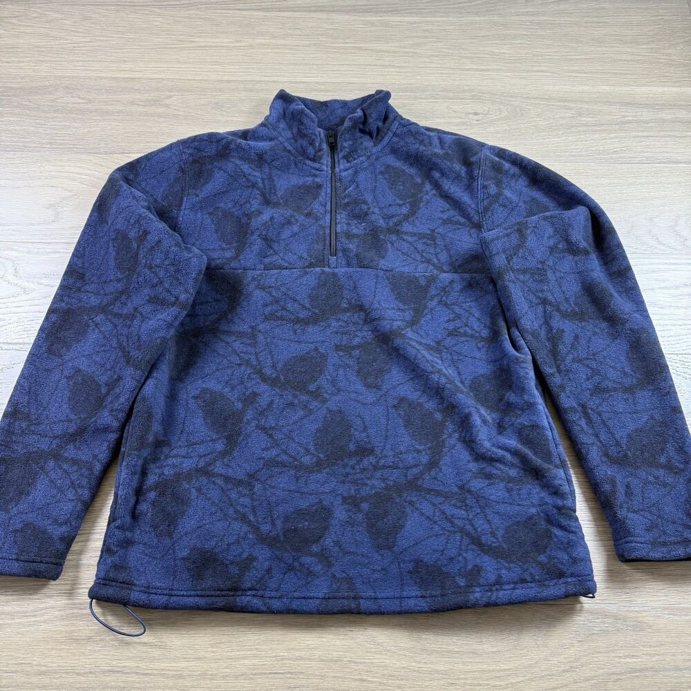 Quiet Golf Sweater Men Large Owl Tree Fleece 1/4 Zip Pullover Blue